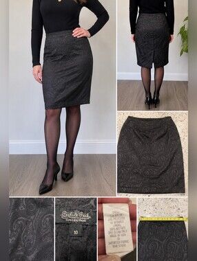 Vintage Peck & Peck Black Jacquard Paisley Pencil Skirt Womens 10 Silk Blend